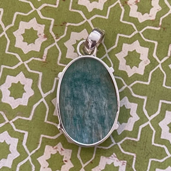 Natural Amazonite Oval Pendant – Blue Green Color Silver Plated - Brand New - Picture 6 of 7